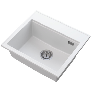 Modern 55 egymedencés gránit mosogató automata dugóemelő, szifonnal, fehér