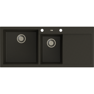 A-POINT 180 kétmedencés csepegtetőtálcás gránit mosogató automata dugóemelő, szifonnal, fekete-szemcsés fényes, balos