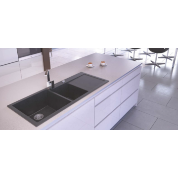 A-POINT 180 kétmedencés csepegtetőtálcás gránit mosogató automata dugóemelő, szifonnal, fekete-szemcsés