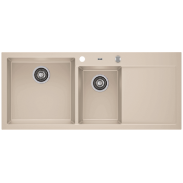 A-POINT 180 kétmedencés csepegtetőtálcás gránit mosogató automata dugóemelő, szifonnal, bézs, balos