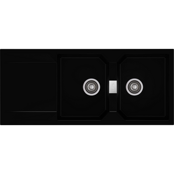 KRONOS 200 kétmedencés csepegtetőtálcás gránit mosogató automata dugóemelő, szifonnal, fekete