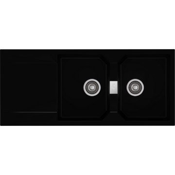 KRONOS 200 kétmedencés csepegtetőtálcás gránit mosogató automata dugóemelő, szifonnal, fekete
