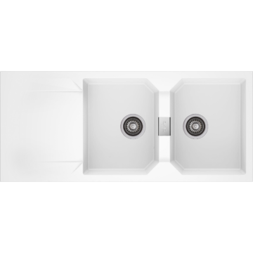 KRONOS 200 kétmedencés csepegtetőtálcás gránit mosogató automata dugóemelő, szifonnal, fehér