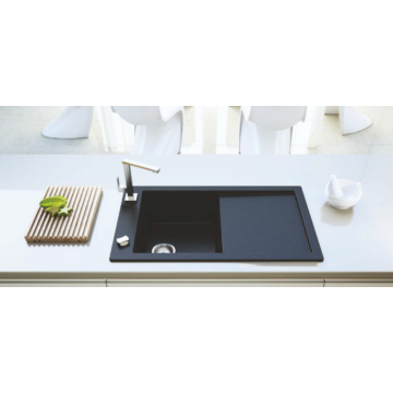 TRAMONTANA egymedencés gránit mosogató csepptálcával, automata dugóemelő, szifonkészlet, fekete-szemcsés