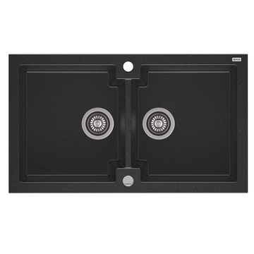 HONEST 160 kétmedencés gránit mosogató automata dugóemelő, szifonnal, fekete-szemcsés