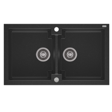 HONEST 160 kétmedencés gránit mosogató automata dugóemelő, szifonnal, fekete-szemcsés