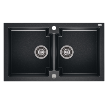 HONEST 160 kétmedencés gránit mosogató automata dugóemelő, szifonnal, fekete-szemcsés fényes