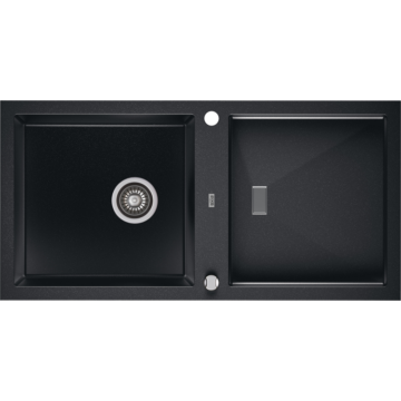 SLIDE 200 egymedencés gránit mosogató csepptálcával, automata dugóemelő, szifonkészlet, fekete-szemcsés fényes