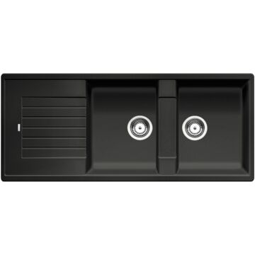 BLANCO ZIA 8S Silgranit kétmedencés csepegtetőtálcás gránit mosogató, szifonnal, fekete-szemcsés