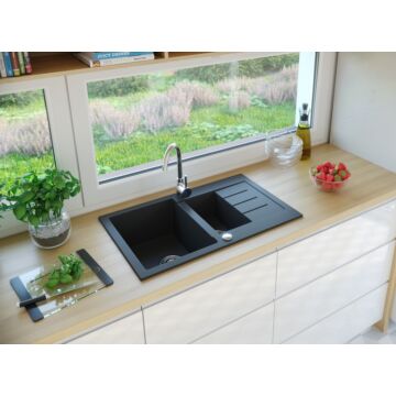 AVIGNON gyümölcsmosós gránit mosogató automata dugóemelő, szifonnal, fekete-szemcsés