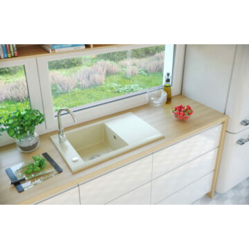 PARIS egymedencés gránit mosogató csepptálcával, automata dugóemelő, szifonkészlet, bézs