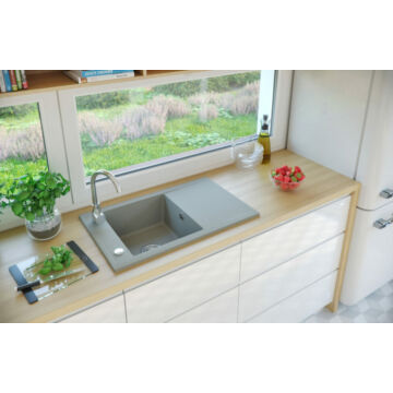 PARIS egymedencés gránit mosogató csepptálcával, automata dugóemelő, szifonkészlet, szürke