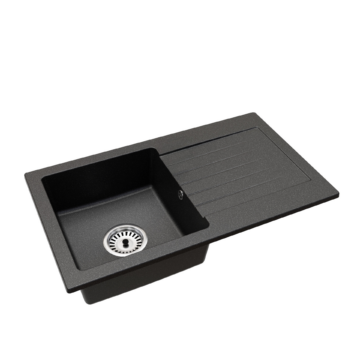Leon2 egymedencés gránit mosogató szett 2 féle választható csapteleppel (Beta, Steel) szifonnal fekete-szemcsés színben
