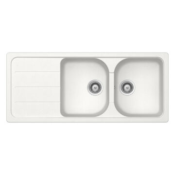 SCHOCK Formhaus D-200 Cristalite Alpina kétmedencés csepegtetőtálcás gránit mosogató, szifonnal, fehér