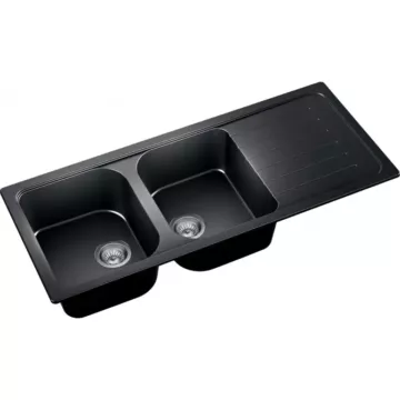 A-POINT 200 kétmedencés csepegtetőtálcás gránit mosogató, szifonnal, fekete-szemcsés fényes, megfordítható