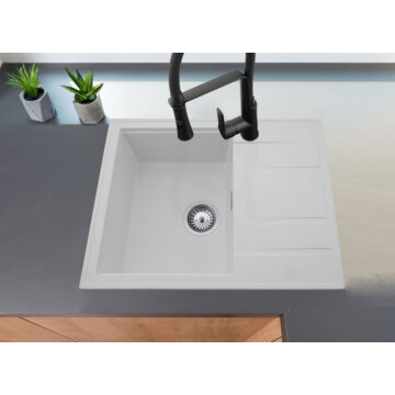 Modern 6550 csepegtetőtálcás egymedencés gránit mosogató, szifonnal, fehér