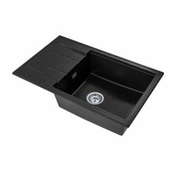 Modern 8010 csepegtetőtálcás egymedencés gránit mosogató, szifonnal, fekete-szemcsés