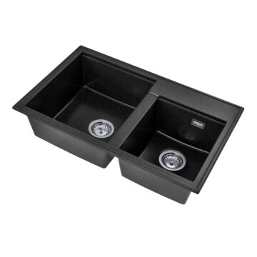 Modern 8020 kétmedencés gránit mosogató, szifonnal, fekete-szemcsés Modern 8020 kétmedencés gránit mosogató, szifonnal, fekete-szemcsés