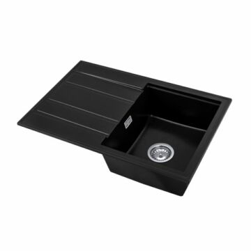 Modern 8050 csepegtetőtálcás egymedencés gránit mosogató, szifonnal, fekete