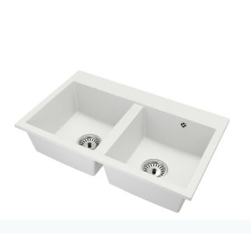 Exclusive 20 kétmedencés gránit mosogató automata dugóemelő, szifonnal, fehér