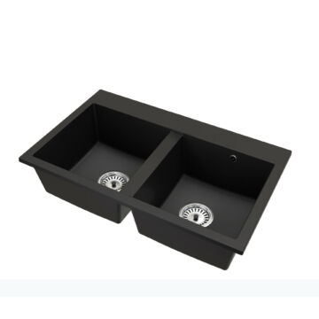 Exclusive 20 kétmedencés gránit mosogató automata dugóemelő, szifonnal, fekete