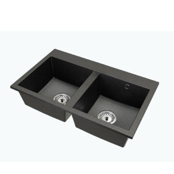 Exclusive 20 kétmedencés gránit mosogató automata dugóemelő, szifonnal, fekete-szemcsés