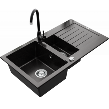 Next2 gyümölcsmosós gránit mosogató automata dugóemelő, szifonnal, fekete