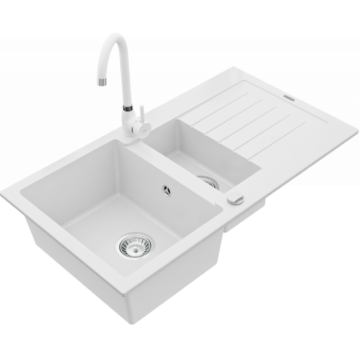 Next2 gyümölcsmosós gránit mosogató automata dugóemelő, szifonnal, fehér