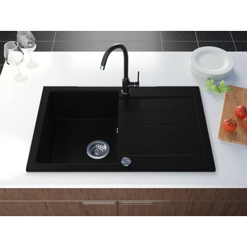 Roxy gránit mosogató szett 2 féle választható csapteleppel (Beta, Steel) automata szűrőkosaras leeresztővel, szifonnal fekete színben