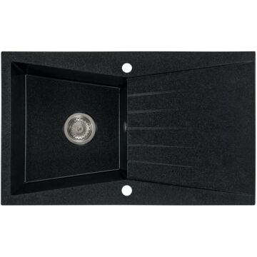 RUBIN egymedencés gránit mosogató csepptálcával, automata dugóemelő, szifonkészlet, fekete-szemcsés