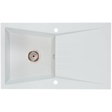 RUBIN egymedencés gránit mosogató csepptálcával, automata dugóemelő, szifonkészlet, fehér