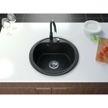 Don kerek gránit mosogató szett 2 féle választható csapteleppel (Beta, Steel) automata szűrőkosaras leeresztővel, szifonnal fekete-szemcsés színben