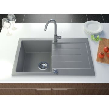 Roxy egymedencés gránit mosogató csepptálcával, automata dugóemelő, szifonkészlet, szürke