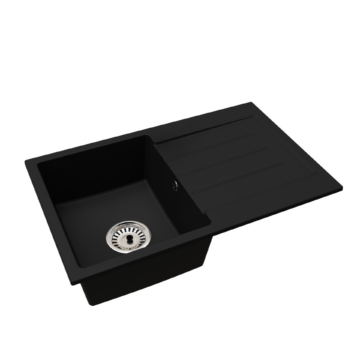 Roxy egymedencés gránit mosogató csepptálcával, fali csaphoz automata dugóemelő, szifonkészlet, fekete