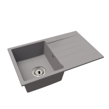 Roxy egymedencés gránit mosogató csepptálcával, fali csaphoz automata dugóemelő, szifonkészlet, szürke