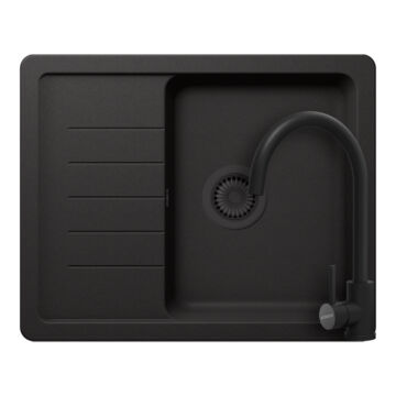 Schock Pinedo D-100XS konyhai mosogatótálca 620 x 500 mm Cristalite Nero, fekete szűrőkosár és túlfolyó takaró és Schock Prima konyhai csaptelep fekete, beépíthető