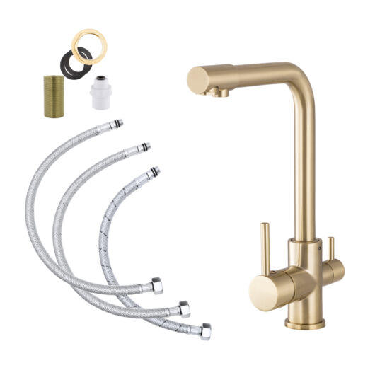 Side három utas konyhai csaptelep vízszűrő berendezéshez, arany