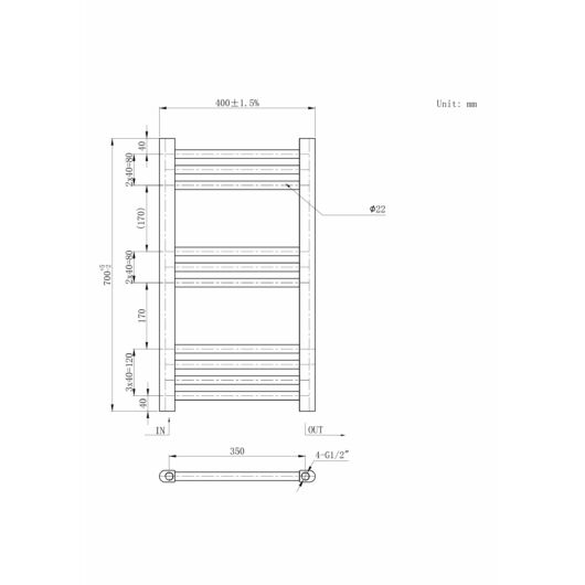 Törölközőszárító radiátor, Basic 40cm x 70cm, fekete