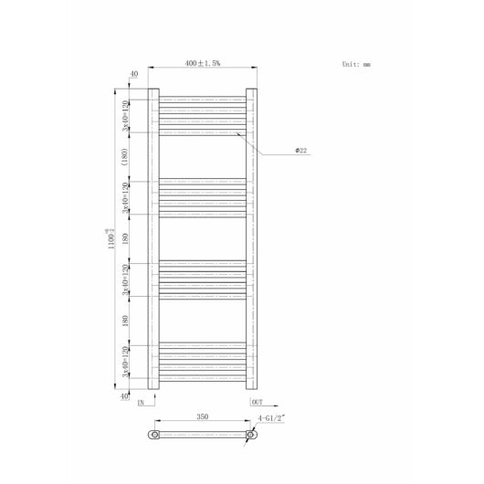 Törölközőszárító radiátor, Basic 40cm x 110cm, fekete