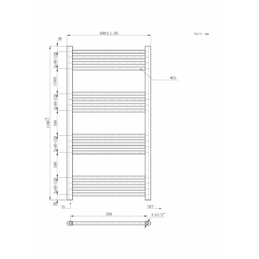 Törölközőszárító radiátor, Basic 60cm x 110cm, fekete