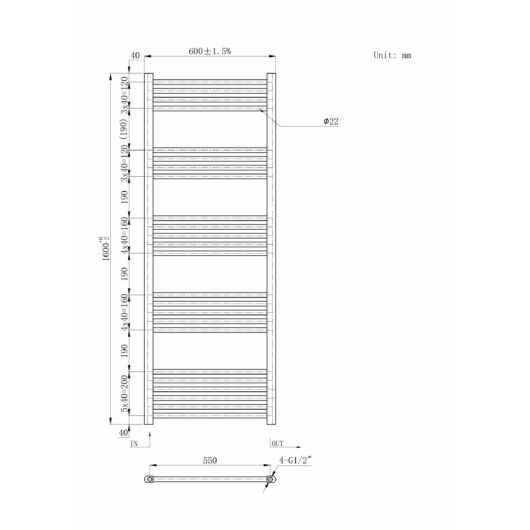 Törölközőszárító radiátor, Basic 60cm x 160cm, fekete