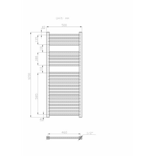Törölközőszárító radiátor, szögletes, Proper 50cm x 120cm, fekete