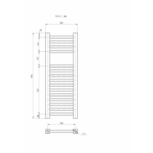 Törölközőszárító radiátor, szögletes, Proper 30cm x 80cm, fekete