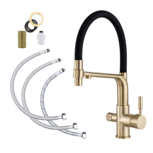 Vegas három utas konyhai csaptelep vízszűrő berendezéshez, szálcsiszolt arany