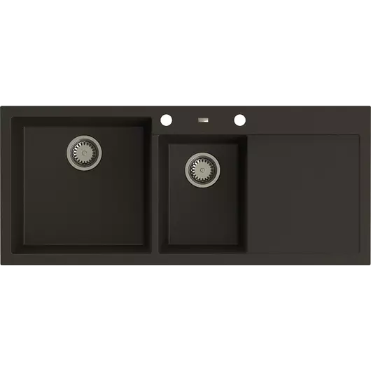 A-POINT 180 kétmedencés csepegtetőtálcás gránit mosogató automata dugóemelő, szifonnal, fekete-szemcsés fényes, balos