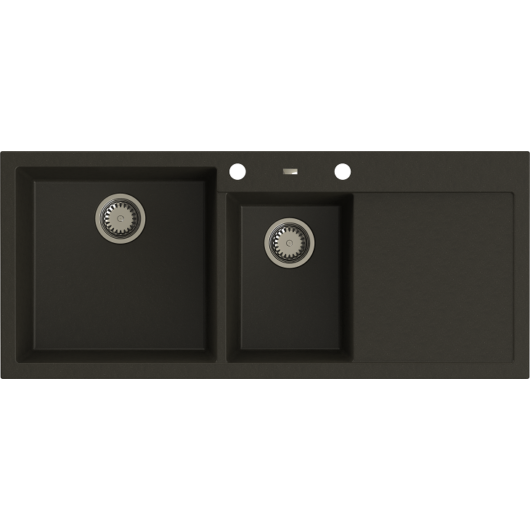 A-POINT 180 kétmedencés csepegtetőtálcás gránit mosogató automata dugóemelő, szifonnal, fekete-szemcsés fényes, balos