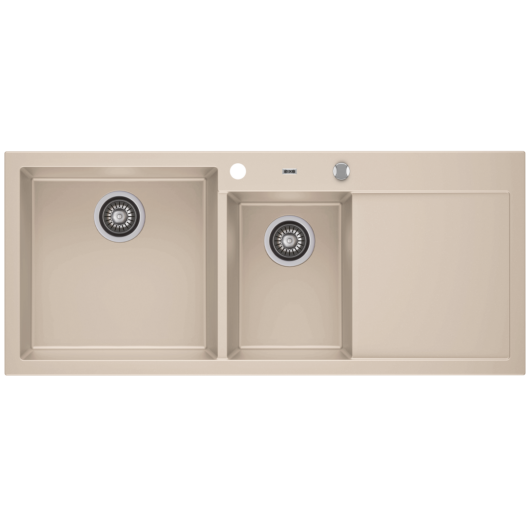 A-POINT 180 kétmedencés csepegtetőtálcás gránit mosogató automata dugóemelő, szifonnal, bézs, balos