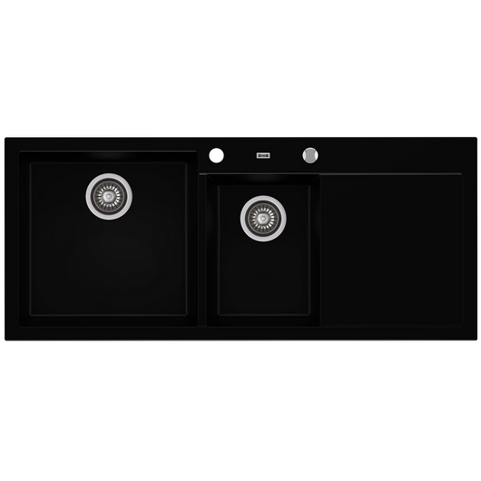 A-POINT 180 kétmedencés csepegtetőtálcás gránit mosogató automata dugóemelő, szifonnal, fekete, balos