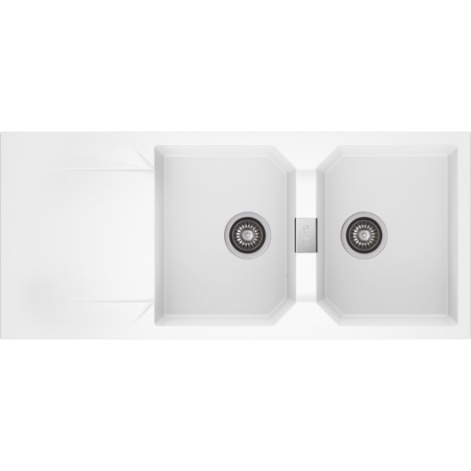 KRONOS 200 kétmedencés csepegtetőtálcás gránit mosogató automata dugóemelő, szifonnal, fehér