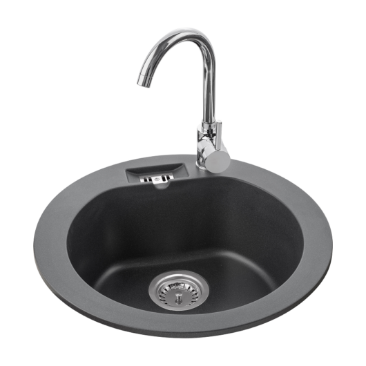 Malibu 10 kerek gránit mosogató, szifonnal fekete-szemcsés fényes
